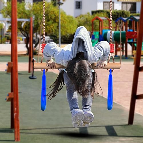 Miniatura 32 de PELLOR Juego de columpios de trapecio de madera para niños con anillos de gimnasio de plástico para diversión en interiores y exteriores Rojo