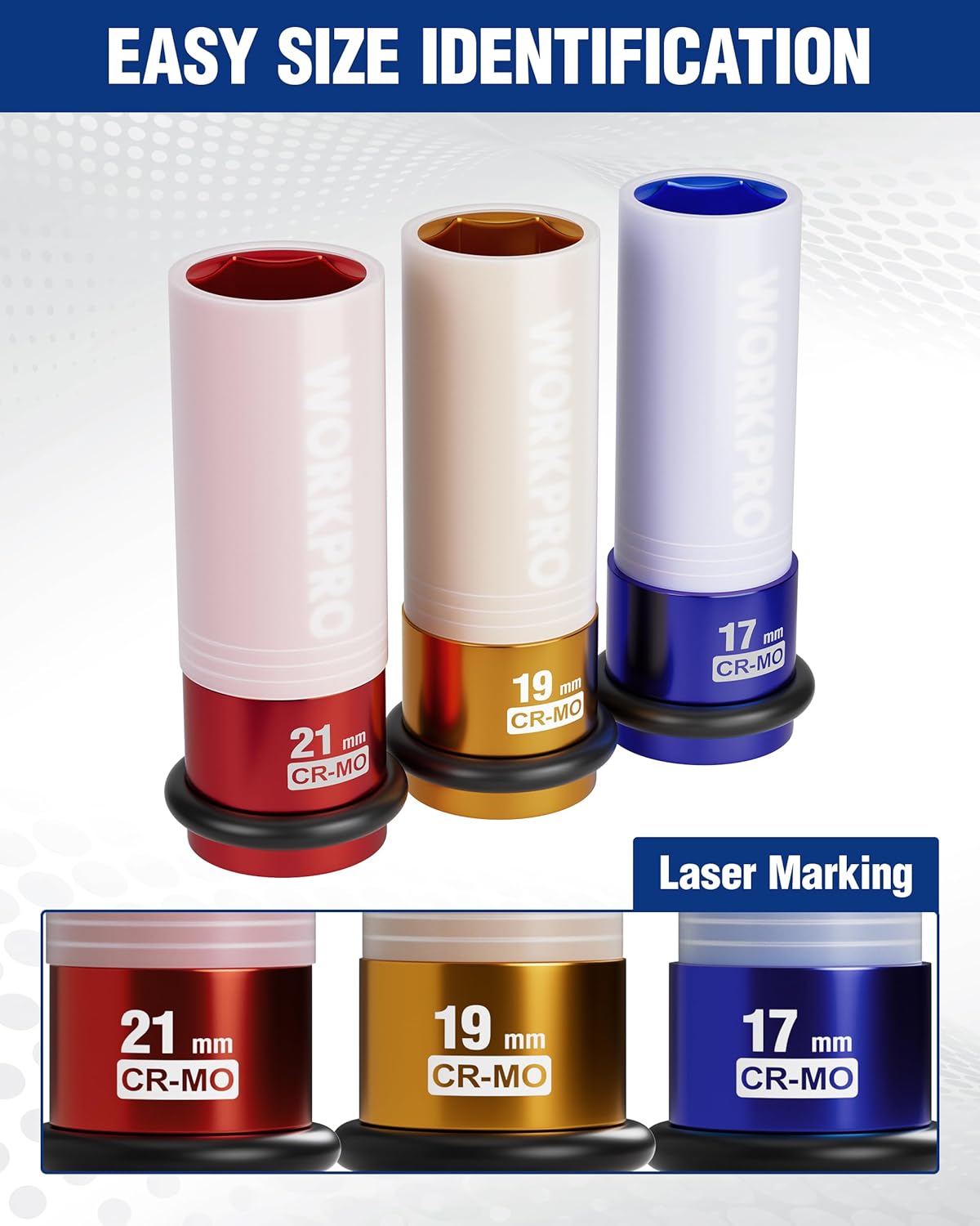 WORKPRO 1/2" Drive Lug Nut Impact Duty Socket Set, 3 Pieces 17-19-21mm Deep Thin Wall Socket Set, Made of Premium Cr-Mo Steel, Non-Marring Lug Nut Wheel Sockets for Car - Image 8