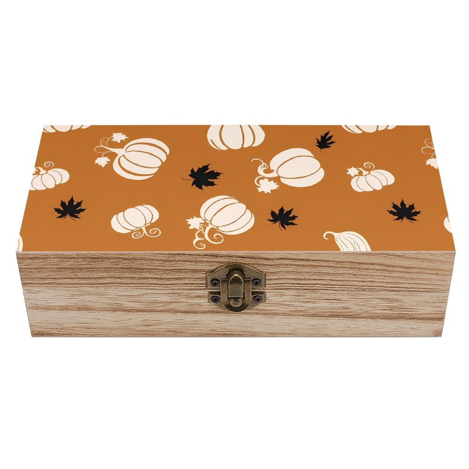 HLBSDM White Pumpkin & Black Leaves Retro Wooden Storage Box Jewelry Art Gift Boxs Decorative Keepsake Boxes