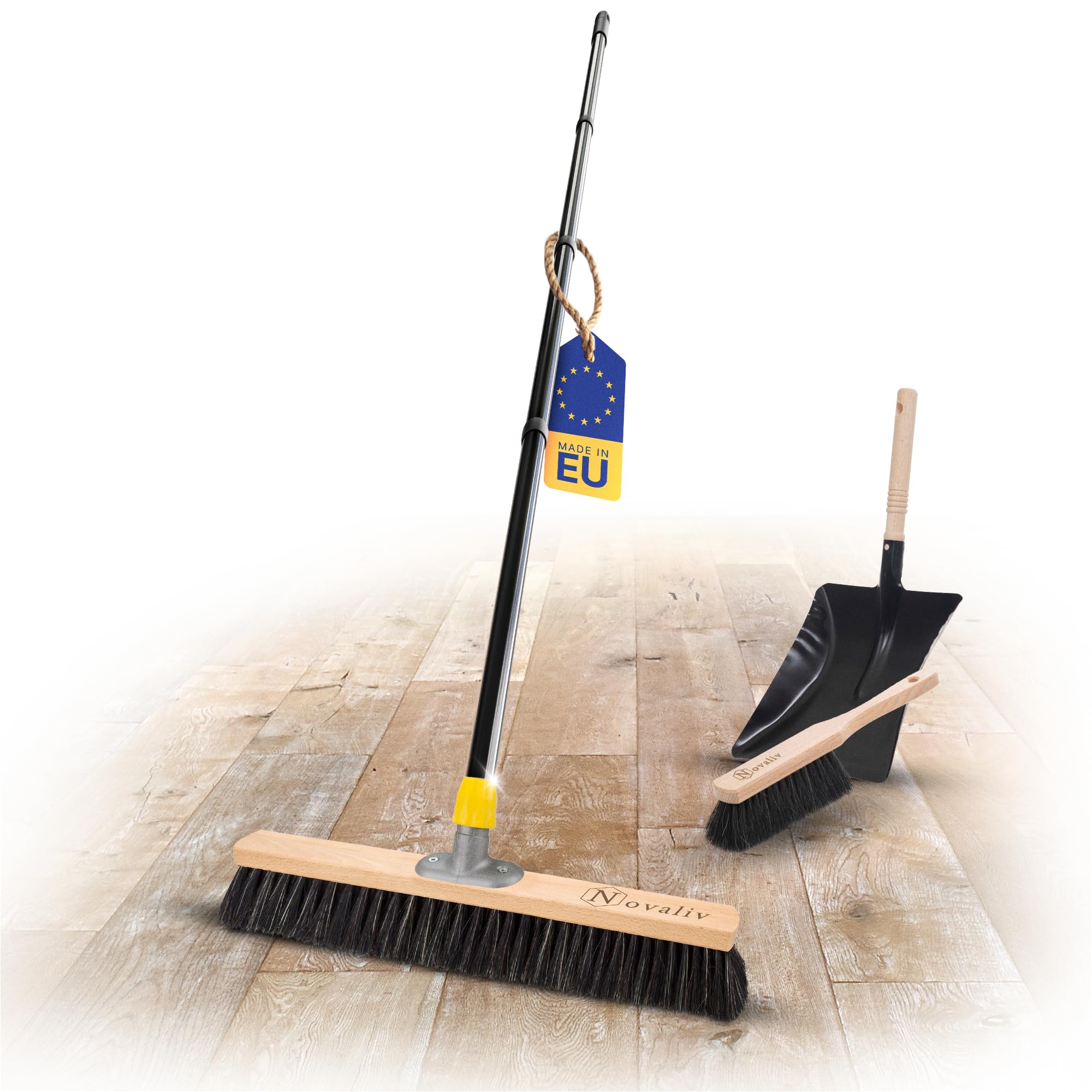 Novaliv Escoba con mango de 50 cm, mezcla de pelo, incluye recogedor negro compuesto de recogedor y cepillo de mano, escoba fina, ideal como escoba de taller, escoba industrial con mango