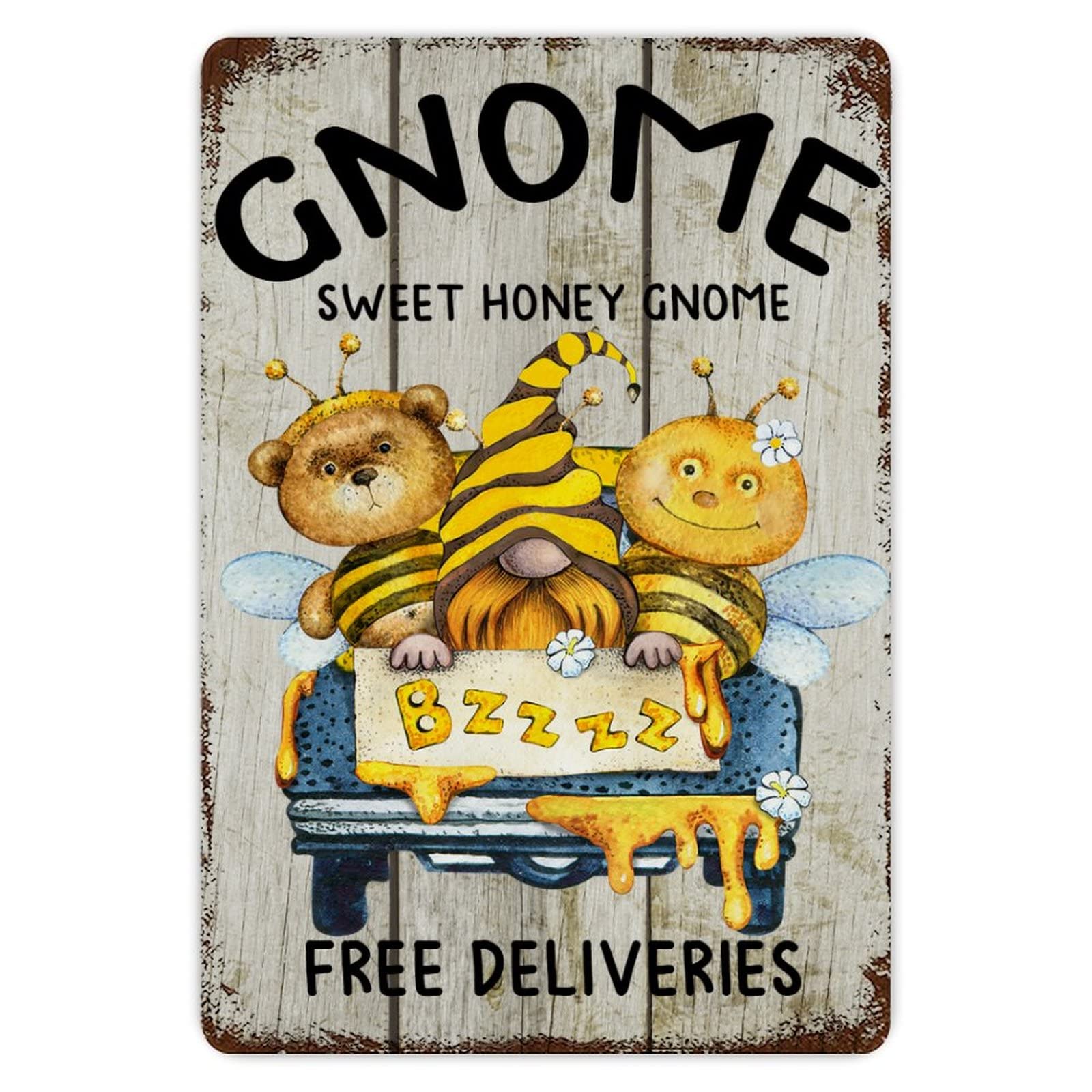 ENEDNATE Rustic Aluminum Sign Gnome Sweet Honey Gnomes Tin Metal Sign Retro Home Kitchen Room Wall Door Hanger Decor Sign 8x12 inch