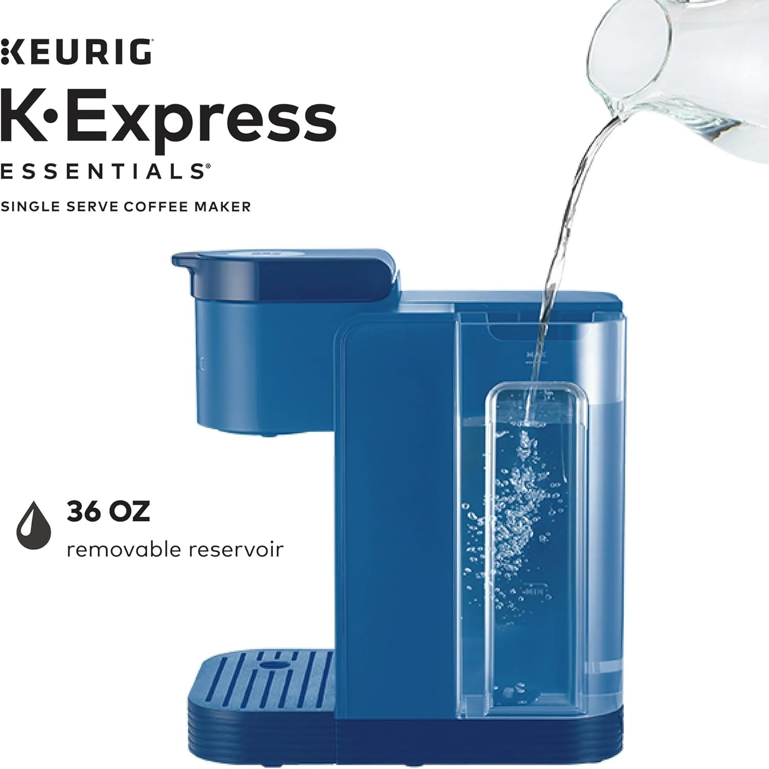 Keurig K-Express Essentials coffee maker with drip tray removed to accommodate a travel mug.