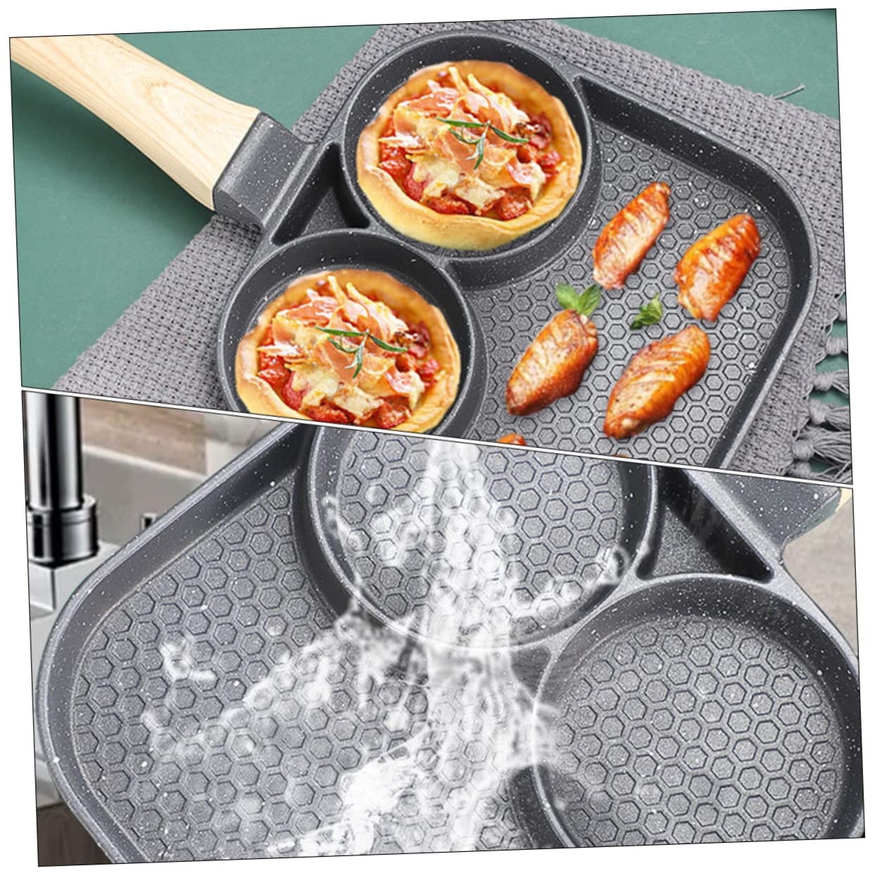LIFKOME Geteilte Bratpfanne aus Aluminium mit 3-abschnitten und Hitzebeständigem Griff Quadratische Pfanne für Eier und Pfannkuchen für Küche zu Hause und Restaurant