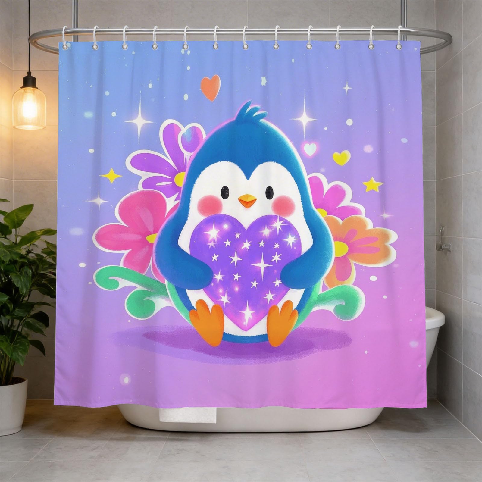 Hongduo 3D Penguin Girl Shower Curtain for Stalls Bathtubs Cute Animals Bathroom Decor Shower Curtain Set Polyester Fabric Waterproof 180x200cm/71X79 Inch with Hooks