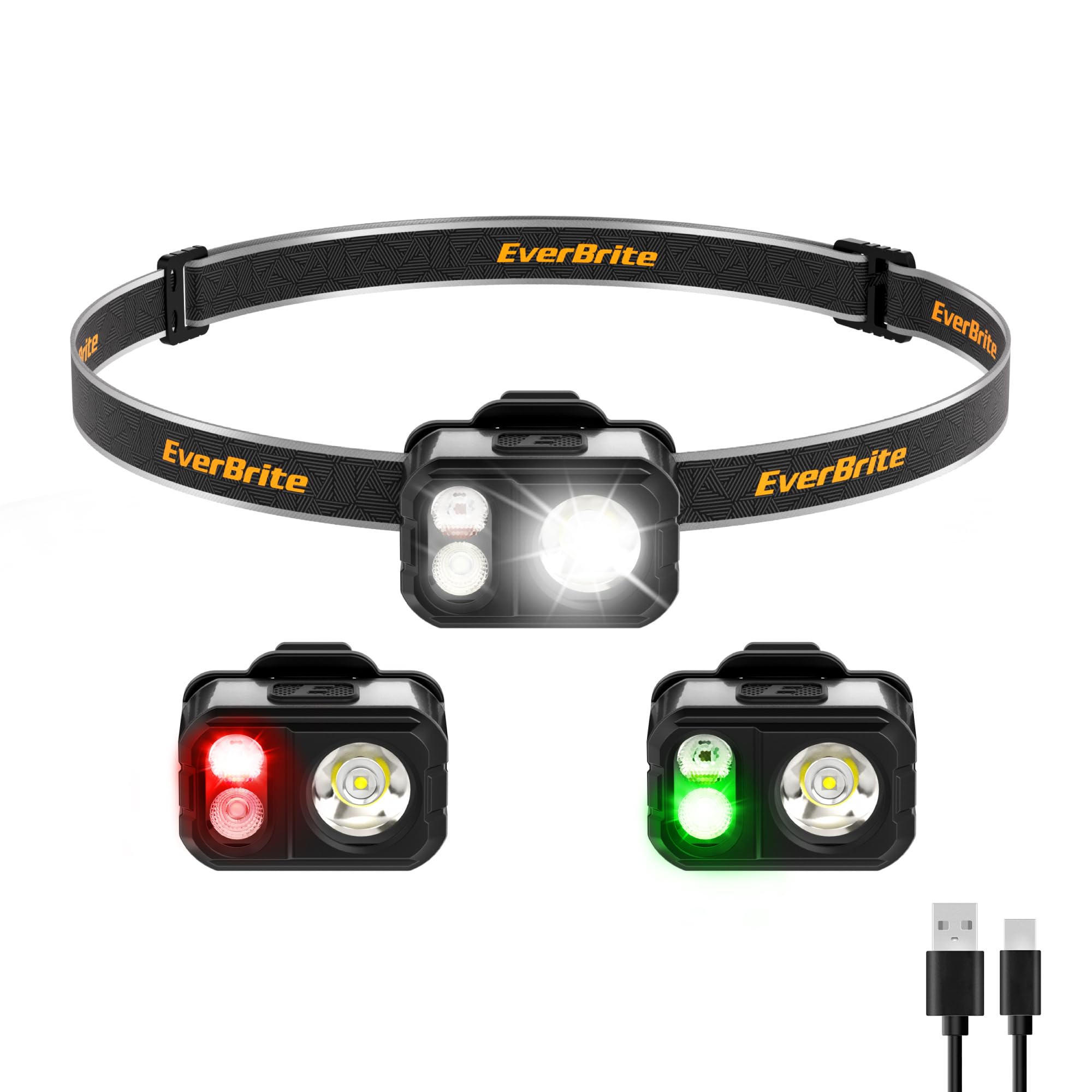 EverBrite Rechargeable Head Torch, 7 Lighting Modes 45 g Ultra-Light LED Headlamp with Hat Clip, Adjustable Strap, 400 Lumen Waterproof Headlight for Running, Camping, Fishing, Grey
