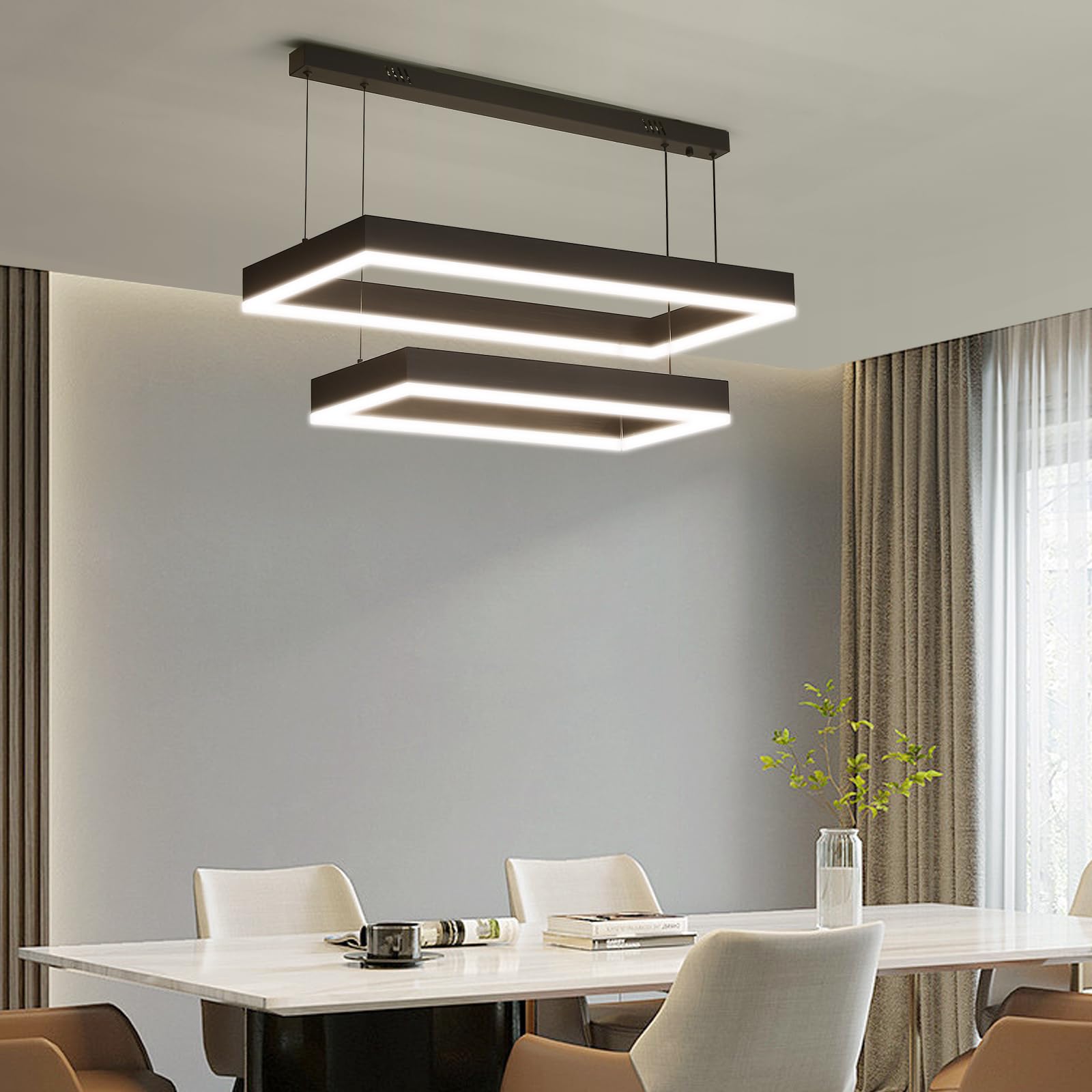 Modern Pendant Light Fixture, LED Black Chandelier for Kitchen Island, 2 Layer Rectangle Adjustable Height, Dimmable 3000K-6500K Ceiling Hanging Light for Dining Room Table, Bedroom, Living Room