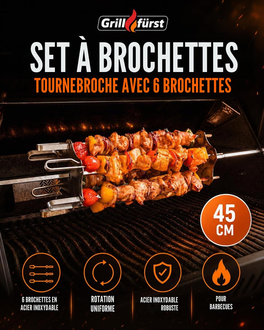 Grillfürst Lot de 6 brochettes universelles pour brochettes et rôtisserie, avec 6 brochettes pour kebab, gyros ou kebab, longueur totale : 45 cm