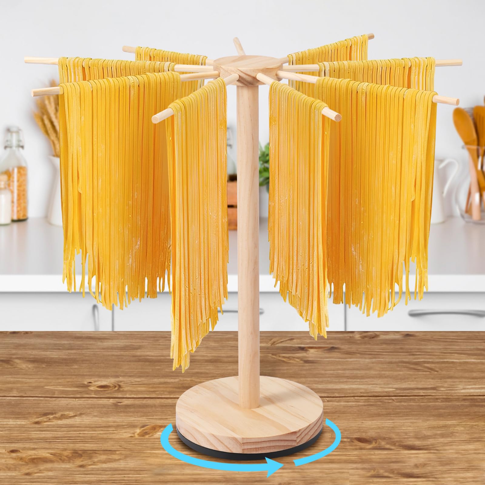 Stendipasta con base girevole, in legno con 9 bracci rimovibili, pieghevoli, riutilizzabili, per asciugare, per tagliatelle italiane, tagliatelle cinesi