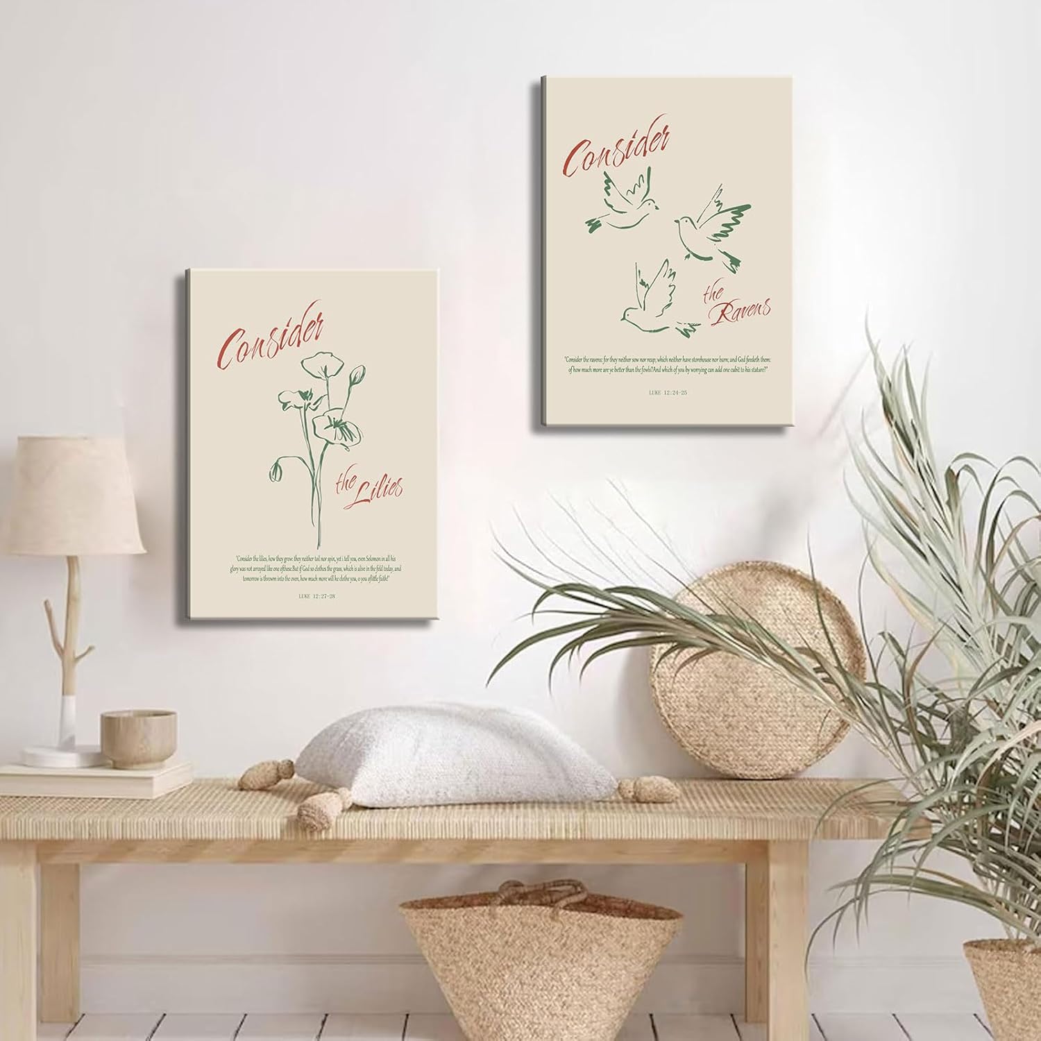 2Pcs Bible Verse Canvas Wall Art Christian Inspirational Plant Pigeon Consider Lilies Painting Pictures Wall Decor Religious Inspiring Posters Prints for Church Living Room Bedroom Home Decoration