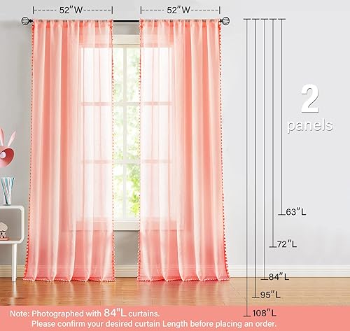 Miniatura 6 de Treatmentex Cortinas traslúcidas con pompones para dormitorio de niñas, 63 pulgadas, cortinas para ventana de sala de estar, cortinas de ventana de