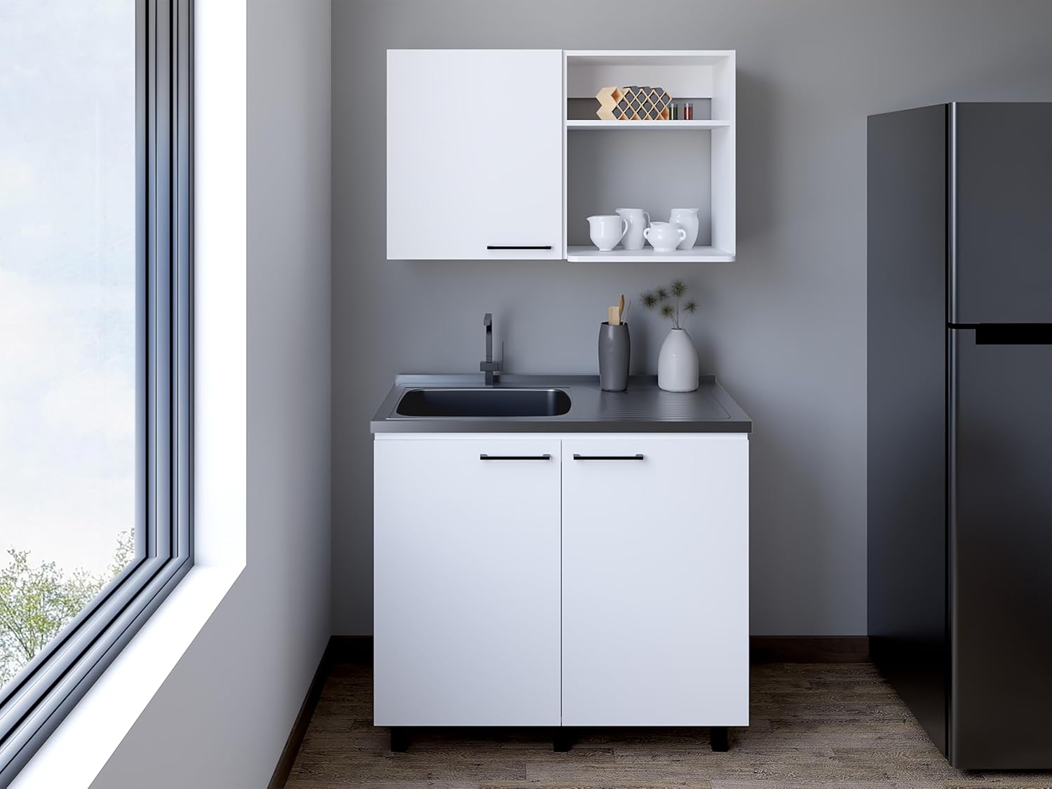 2 Piece Kitchen Set, Wall Cabinet + Utility Sink, White