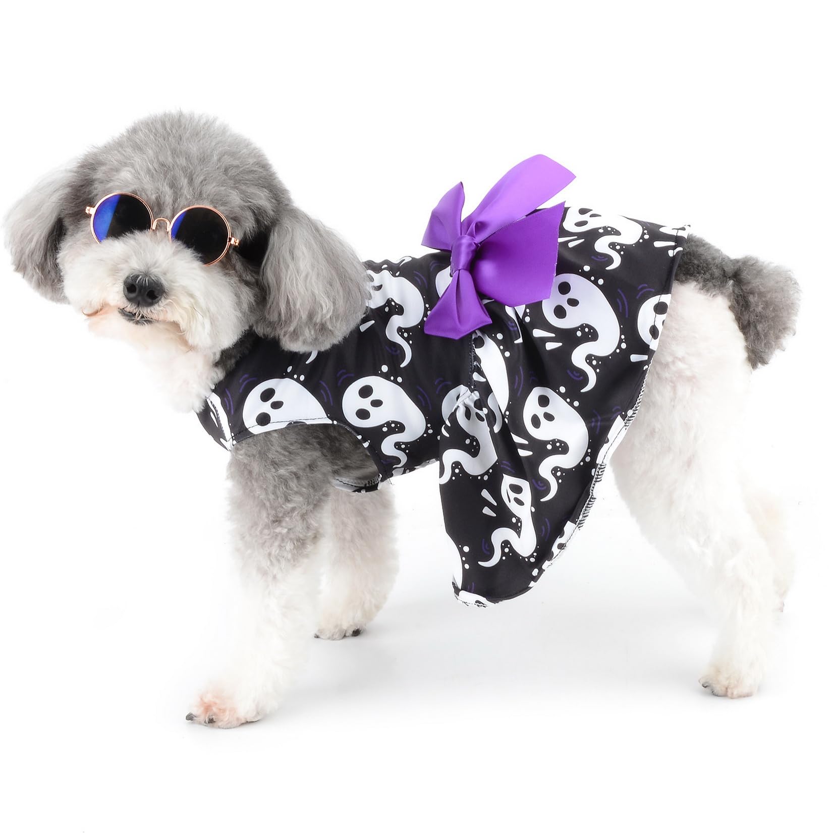 Zunea Robe d'Halloween pour petit chien, chat, fantôme, costume d'Halloween pour chiot fille – Jupe douce avec nœud papillon – Vêtements pour chihuahua, yorkshire, noir, taille L