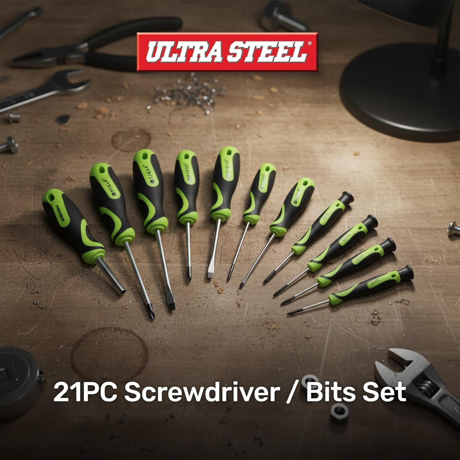 21pc Screwdriver and Bit Set with Plastic Storage Rack, 6 Screwdrivers, 10 Bits, 4 Precision Screwdrivers, Bit Holder