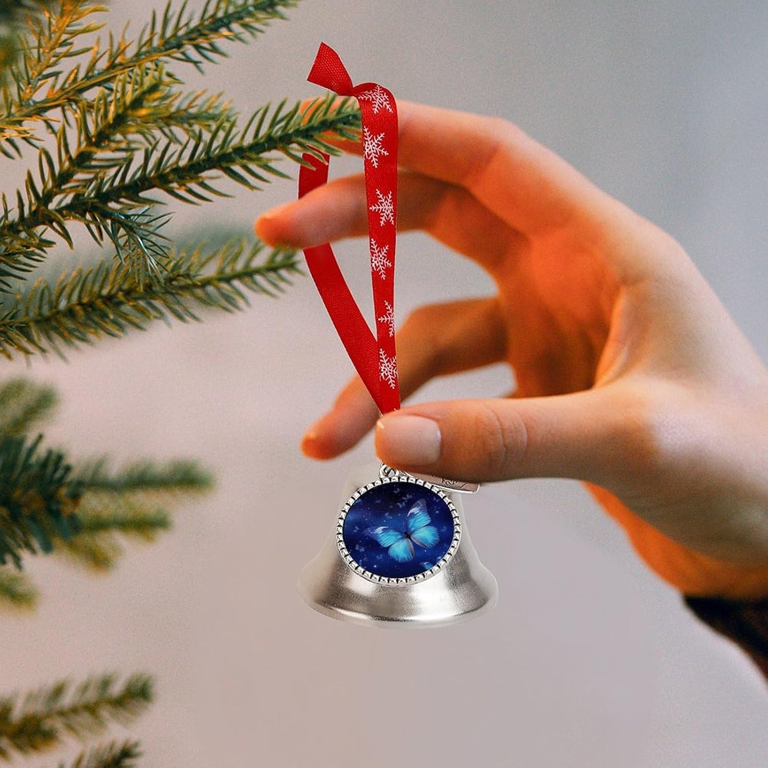 Blue Starry Butterfly Bell Ornament Red Ribbon for Christmas Tree Holiday Decoration Personality Believe Bell Ornaments Sleigh Bells for Winter New Year Party Supplies