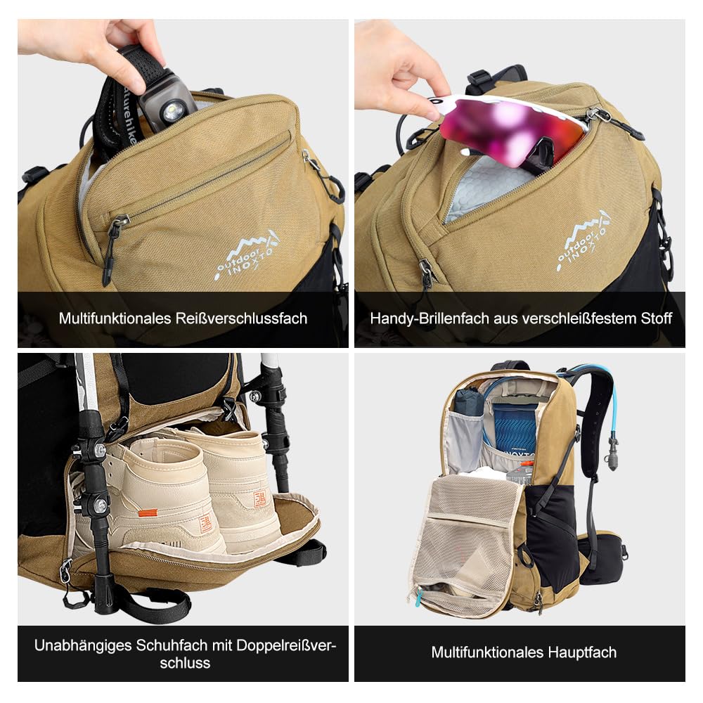 INOXTO Wanderrucksack Herren Damen,35L wasserdichtes leichter Wanderrucksäcke mit 3L Wasserbeutel mit Regenschutz für Bergsteigen, Wandern, Camping, OutdoorSportarten (Khaki Schwarz)