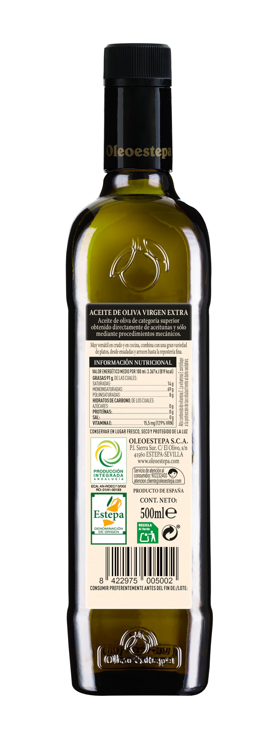 Oleoestepa Selección – Aceite de Oliva Virgen Extra Pack 12x0,50L – DOP Estepa – Extracción en frío – Variedades de la comarca – Frutado fresco – Producción sostenible – Uso arroces y repostería fina