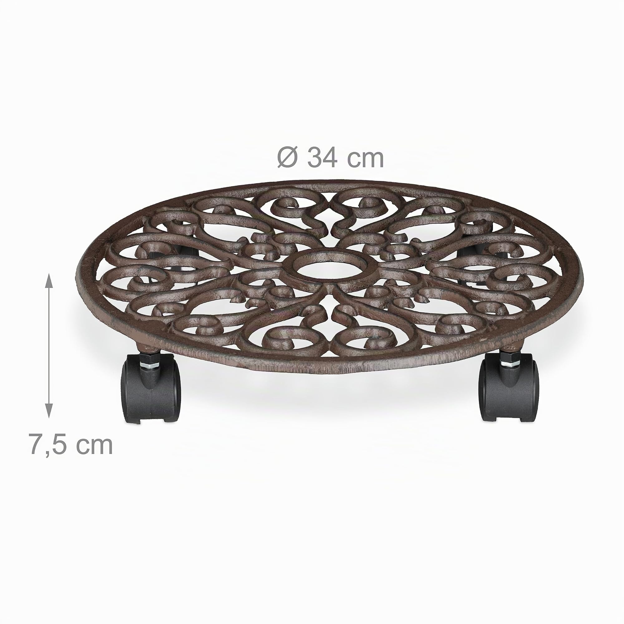 Relaxdays Sottovaso con Ruote, Carrello Portavasi Rotondo in Ghisa, sotto Vaso Interni e Esterni, HxD 7,5x34 cm, Marrone