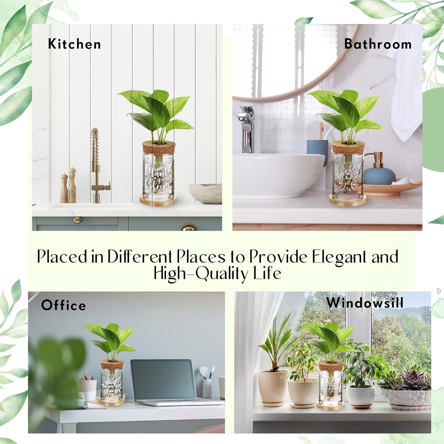 Baderke 12 Packs Plastic Plant Propagation Vase Set Thank You Gift Desktop Plastic Planter Vase with Bamboo Stand for Indoor Plants Office Table Home Decor Mother Teacher Gifts