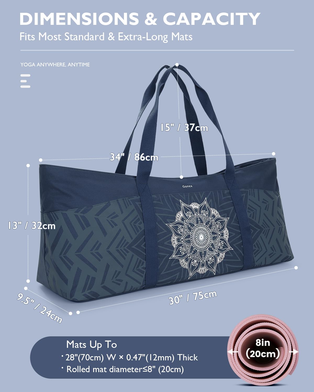 Gonex Yogatasche, Extra Große Canvas Sporttasche mit Wasserdichtem Fach & Metallreißverschluss, Für Matte & Blöcke, Stylische Tragetasche für Damen, Ideal für Yoga, Pilates, Reisen