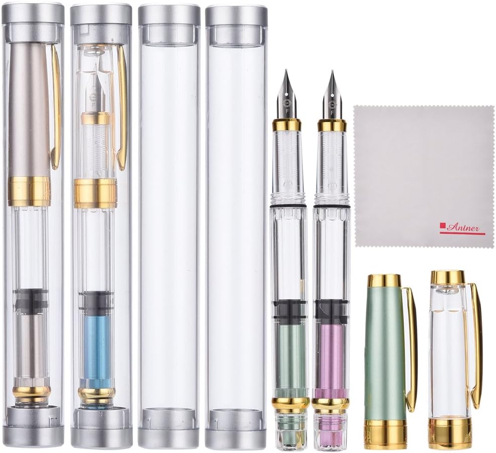 Wing Sung 3008 Thin Piston Fountain Pen Set 0.5mm Fine Nib, Gold Trim, 4 Pieces in 4 Colors