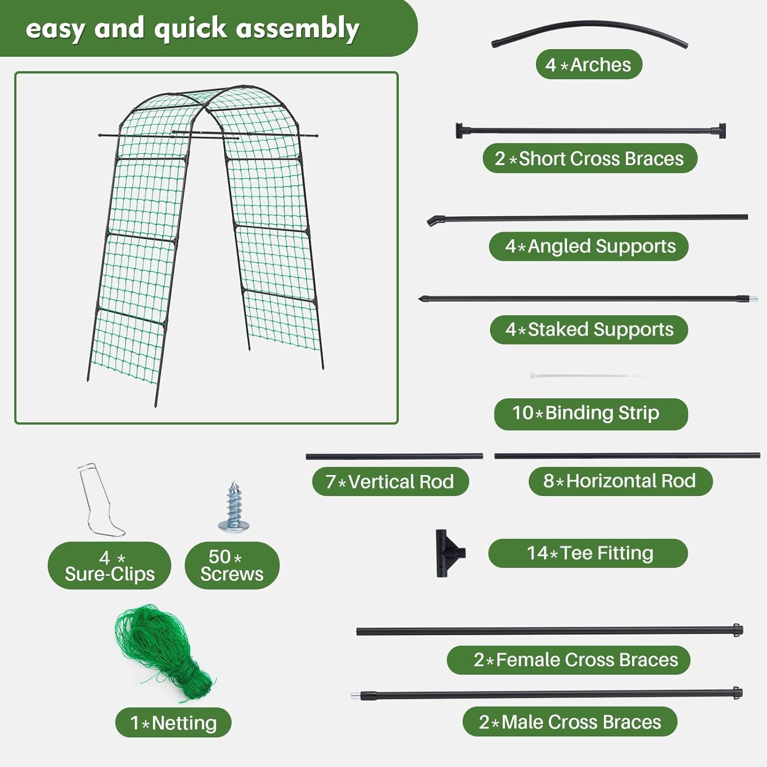 DOEWORKS 86 Inch Tall Garden Arch Trellis for Climbing Plants Outdoor,Tall Metal Garden Tunnel Trellises Archway for Climbing Vine、Vegetable、Fruit、Flower、Squash Arbors，Garden Arches Support Structure
