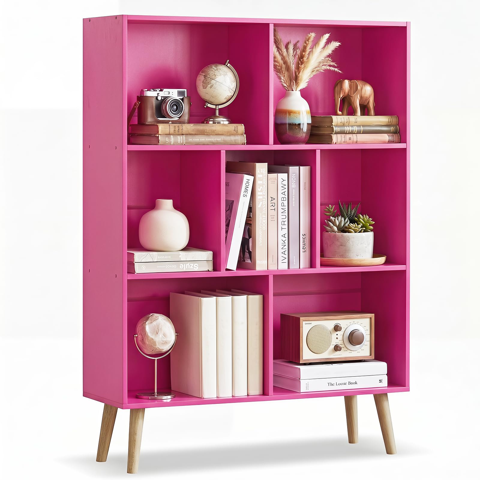 YAHARBO Pink Bookshelf,3 Tier Book Shelf with Legs, 7 Cube Minimalist Bookcase,Storage Organizer Shelves Display Bookcases for Bedroom,Living Room