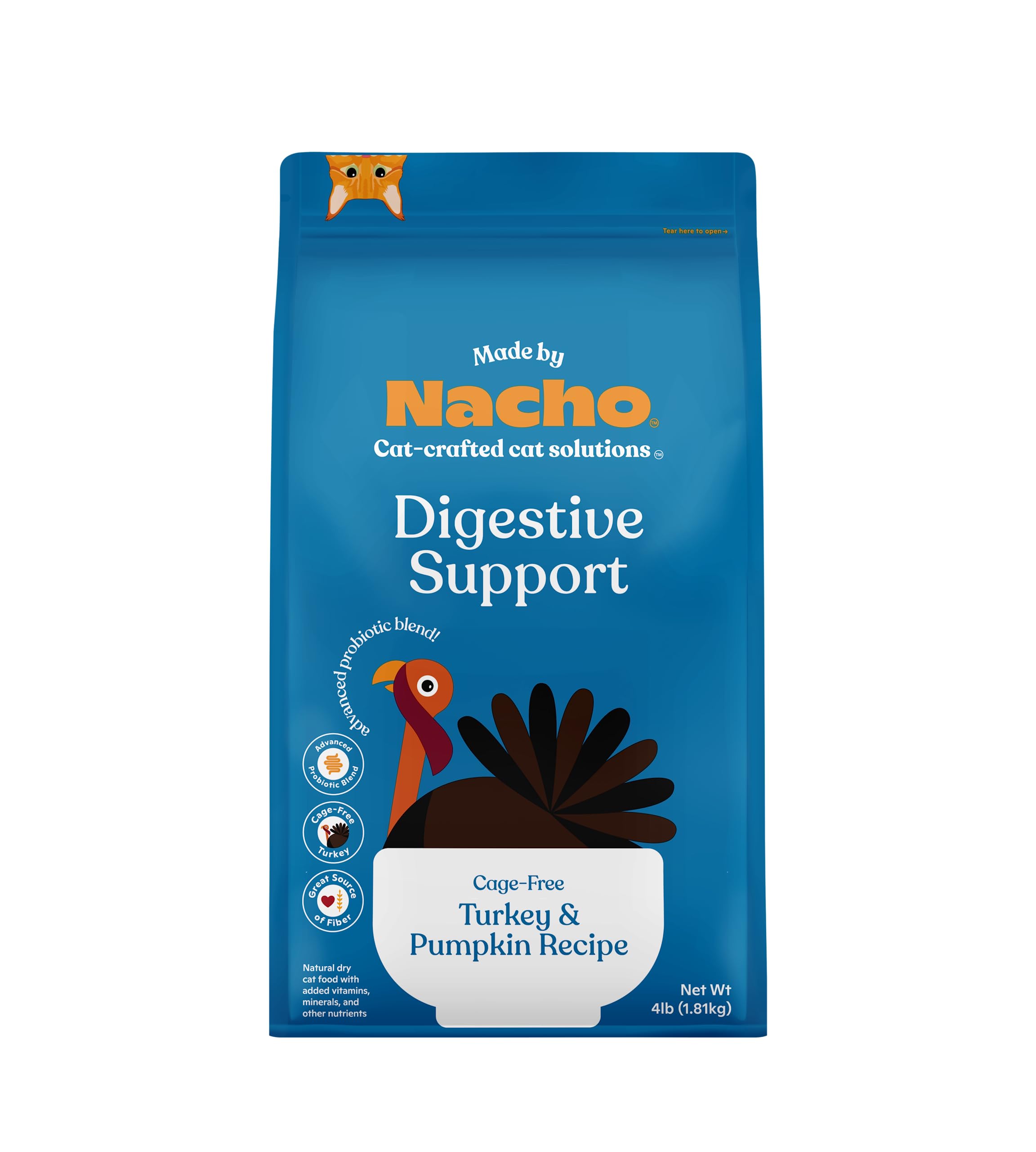 Made by Nacho Bone Broth Infused Dry Cat Kibble - Digestive Support, Cage-Free Turkey and Pumpkin - Premium Grain-Friendly Cat Food 4lb Bag, Limited Ingredients