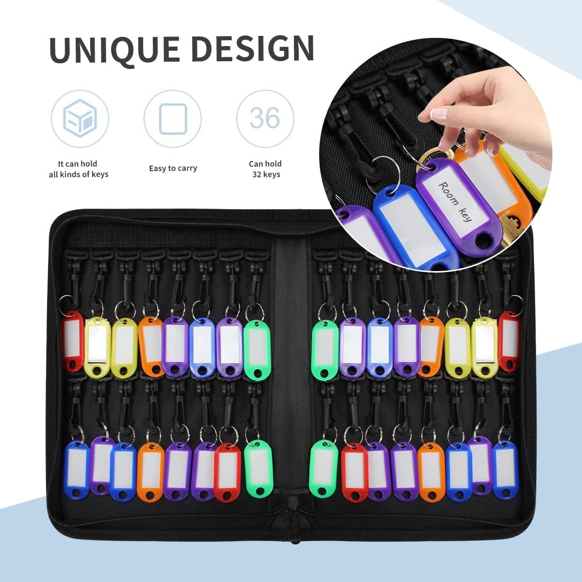 Fireproof and Waterproof Portable Zippered Key Case,36Key Hooks Key Organizer with Key Tags,Portable Manager Zipper Key Binder for Hotel Executives,Real Estate Sales,Car Service