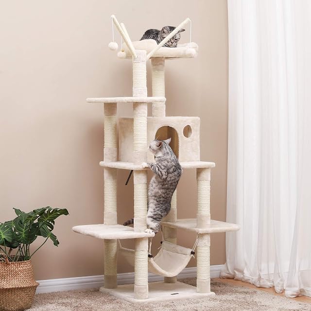 Foto 2 de 8 de FEANDREA Árbol para Gatos, Rascador con Nidos, Hamaca, Plataformas y Bolas de Juego, 154 cm