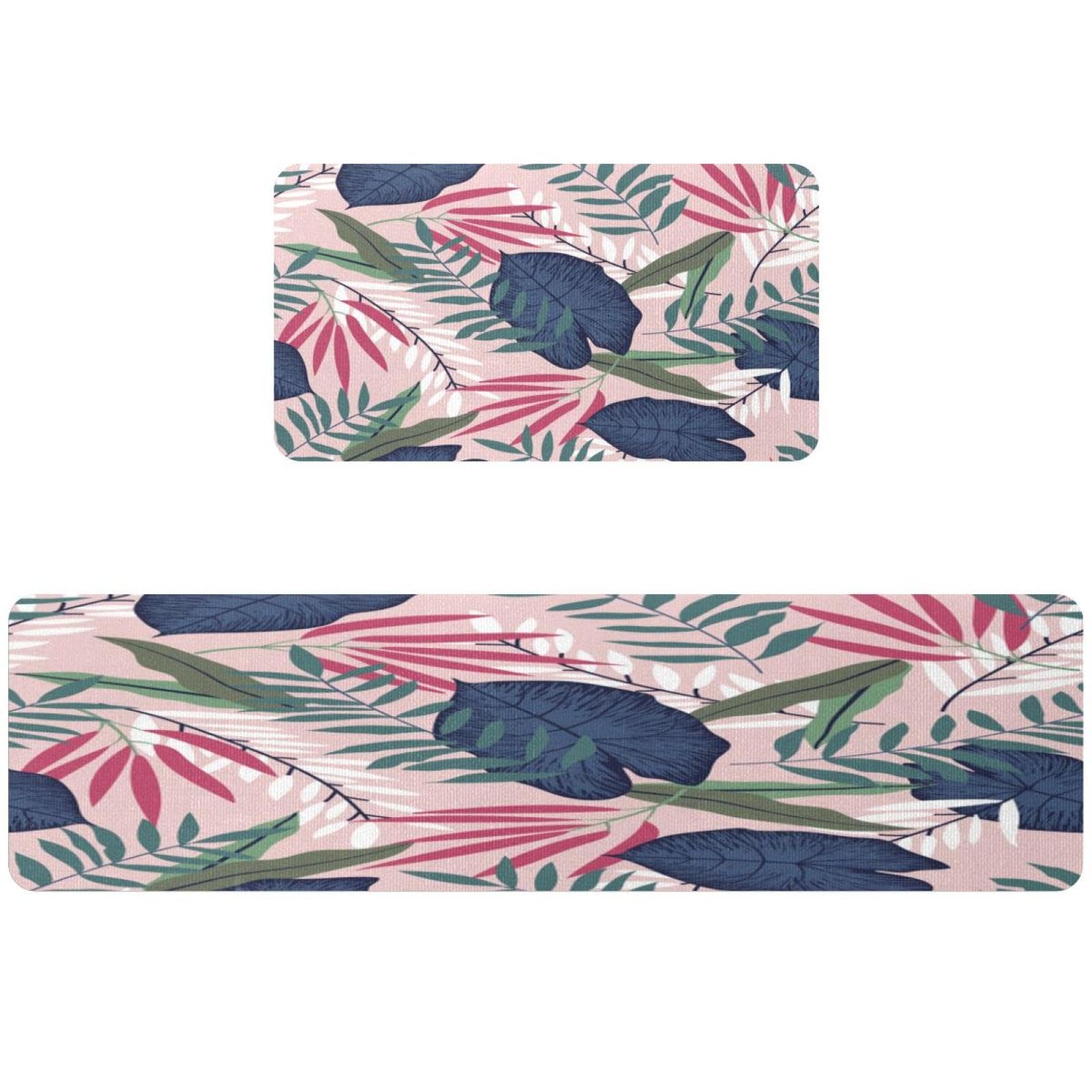 Tapis de cuisine lot de 2 rose pastel motifs tropicaux antidérapants