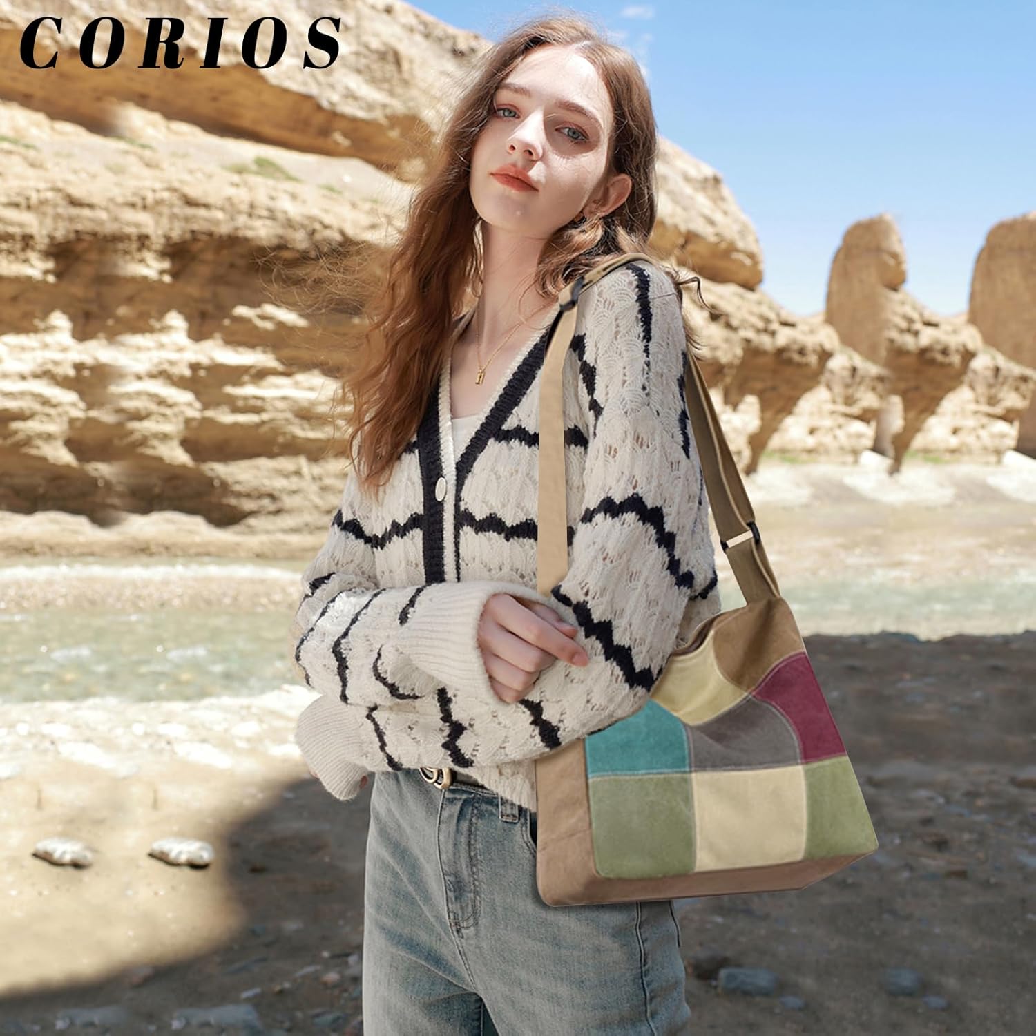 Women Canvas Shoulder Multi-Color Splice Crossbody Large Top Handle Multi-Pocket Tote Handbag Satchel - Image 2