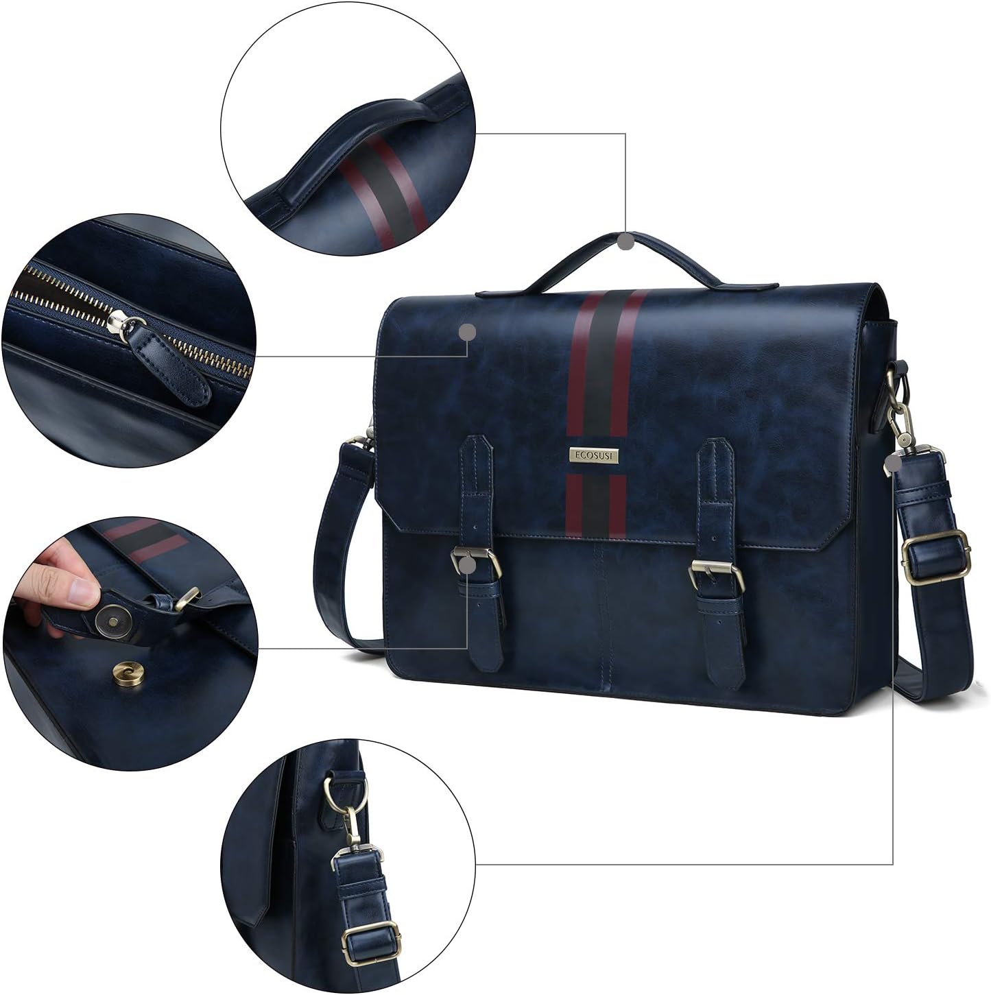 ECOSUSI Men's Briefcase PU Leather Shoulder Satchel Computer Bag with Back Pocket fits 15.6 inch Laptop, Blue
