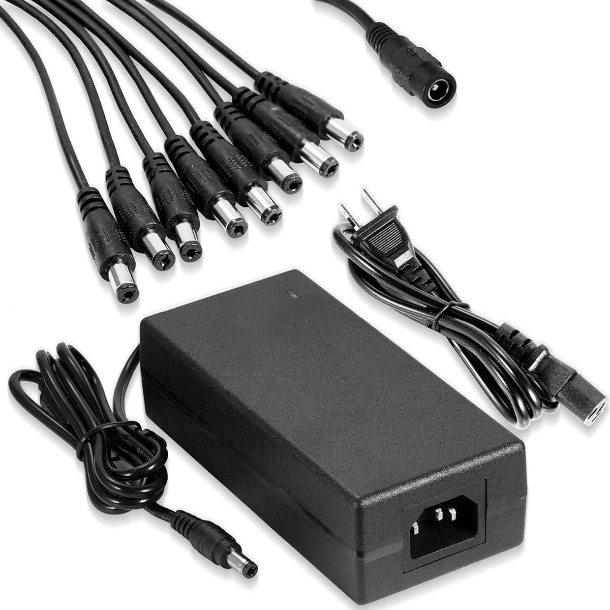 12V 5A Security Camera Power Supply with 8-Way Splitter Cable AC 100-240V to DC Converter for CCTV DVR Surveillance Systems Compatible with Lorex, Swann, Reolink, Night Owl Cameras - 5.5x2.1mm DC Plug