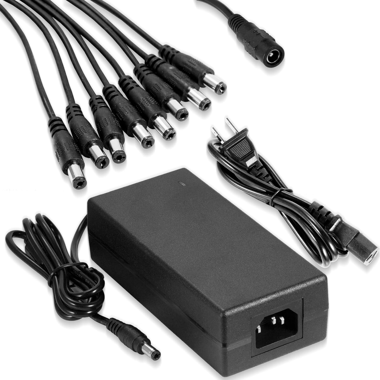 Adattatore di alimentazione per telecamera di sicurezza, 12 V, 5 A, con cavo splitter di alimentazione a 8 vie, convertitore CA/CC 100-240 V per sistema di sorveglianza CCTV DVR - Spina CC da 5,5 x