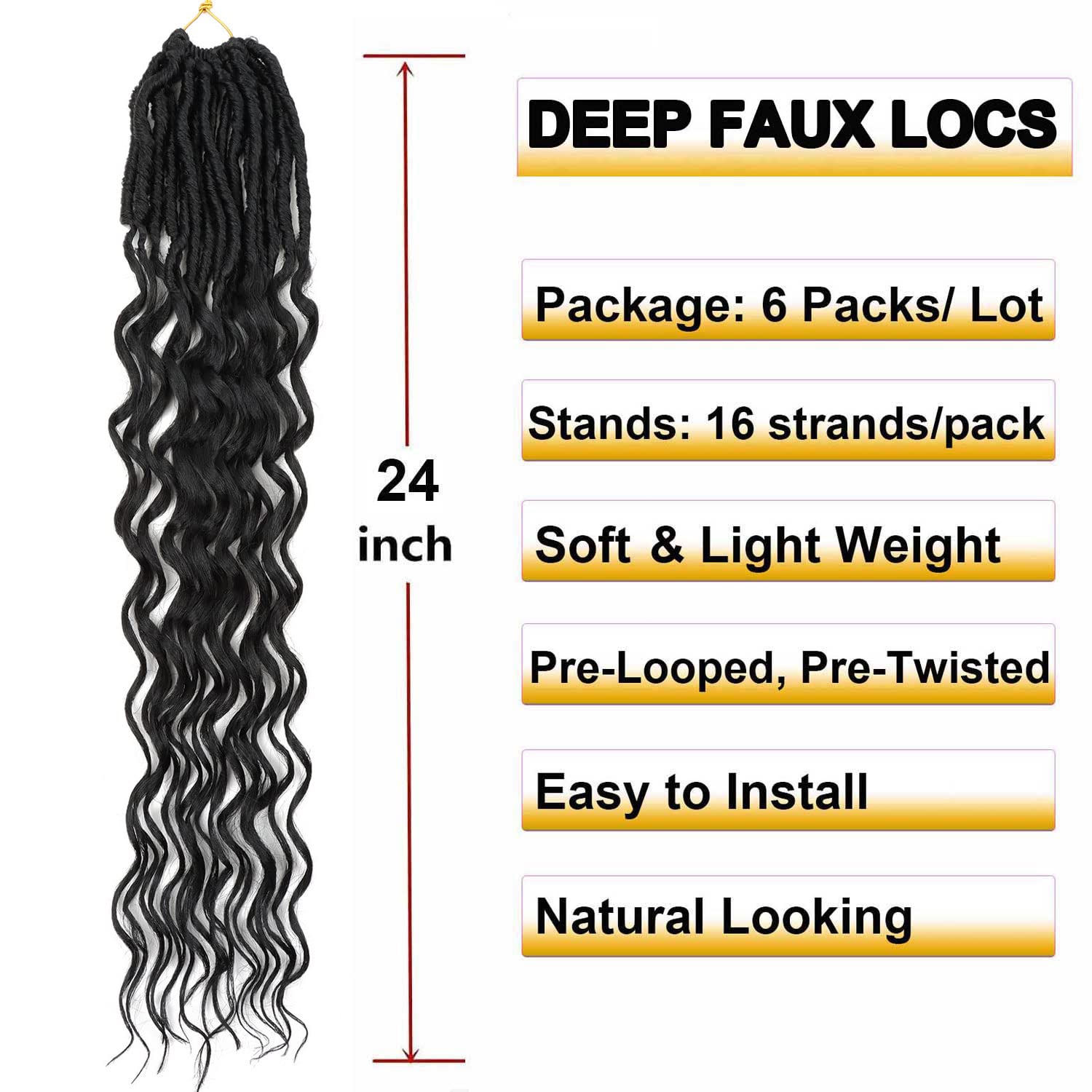 24 Inch Faux Locs Crochet Hair 6 Packs Soft Goddess Locs Crochet Braids Deep Wave Pre Looped Crochet Hair Extensions for Black Women 1B