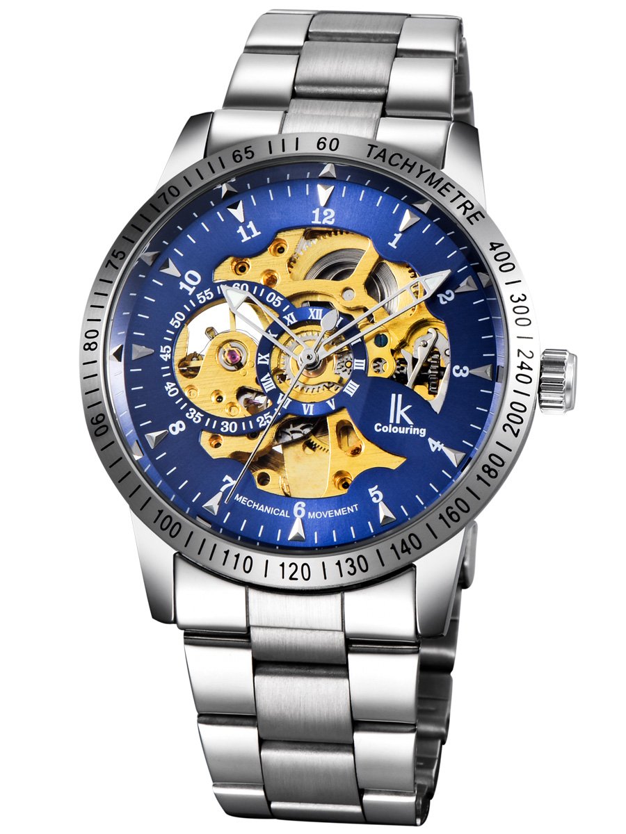 Alienwork IK Reloj Automático Hombre Mujer Plateado Pulsera de Metal Acero Azul Esqueleto