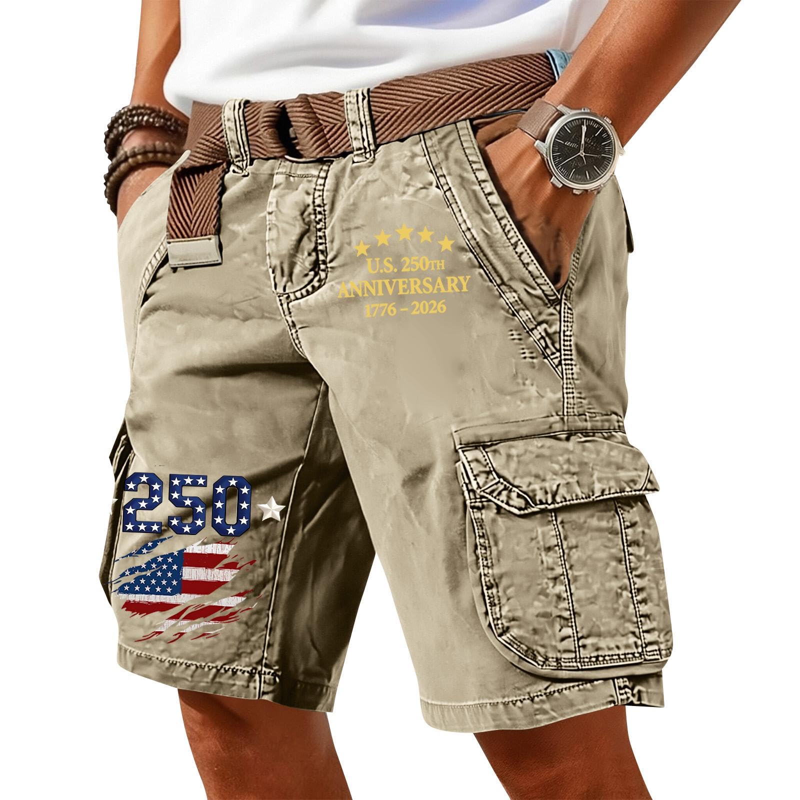 Shorts Homme Été Imprimé Style Décontracté Multi-Poches avec Drapeau Américain Coupe Droite sans Ceinture