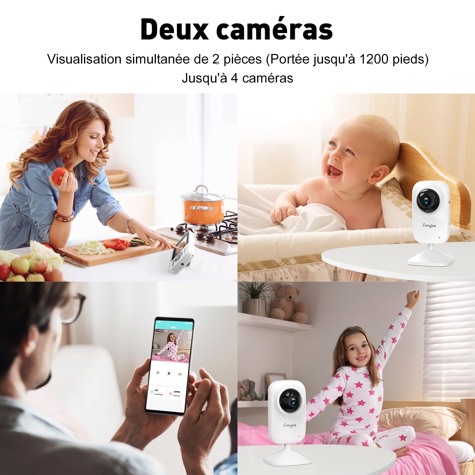 Simyke Babyphone 2 Caméras, écran IPS sans Fil Direct, Connexion APP WiFi 2,4G, Vision Nocturne Automatique, Batterie 2500mAh, Mode VOX, Appel bidirectionnel, détection de température.