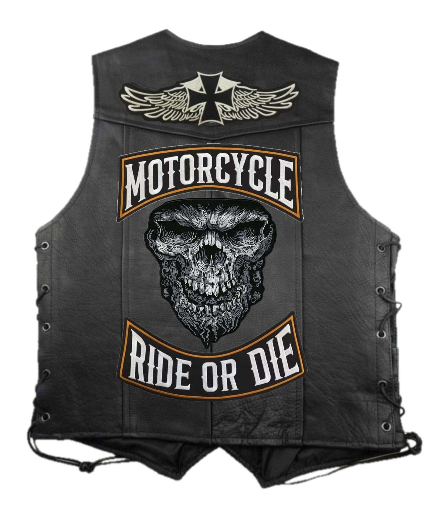 Set 2 Toppe ricamate Biker " Motorcycle | Ride Or Die " + Teschio Malvagio Patch Termoadesive per gilet e giubbotti moto, per decorare giacche, accessori abbigliamento, fai da te. (Set Malvagio)