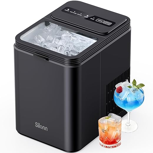 Silonn Ice Maker Countertop, 8 Ice Cubes in 6 Mins, 26.5 lbs/24H, 2 Bullet Ice Sizes, Self-Cleaning Bullet Ice Maker, Portable Ice Machine for Kitchen, Party, Office, and RV Camping