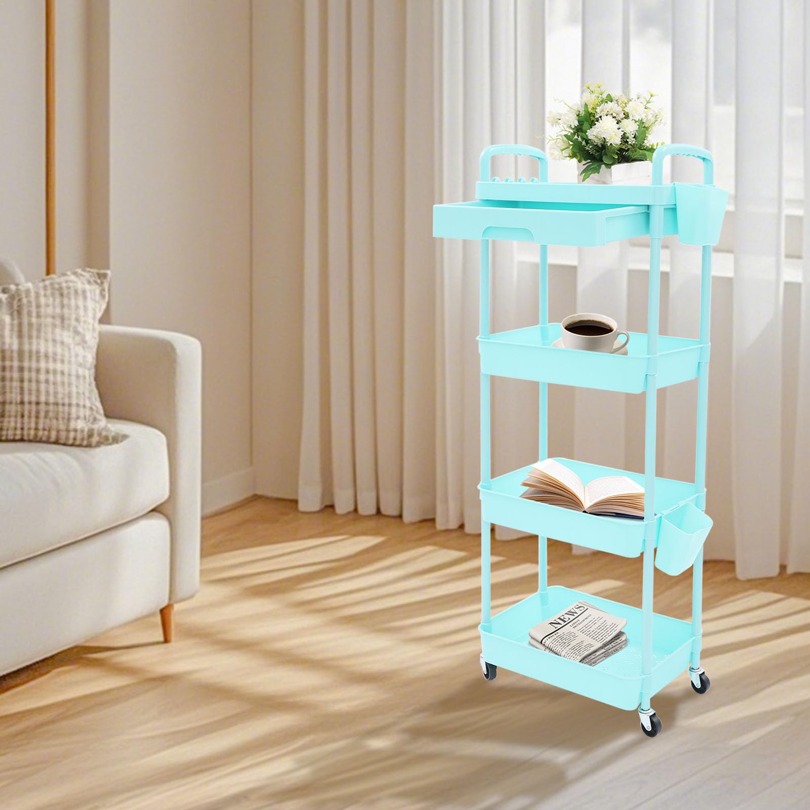 Carrello portaoggetti a 4 ripiani con cassetto, carrello multifunzione per camera da letto, cucina, bagno, soggiorno, blu