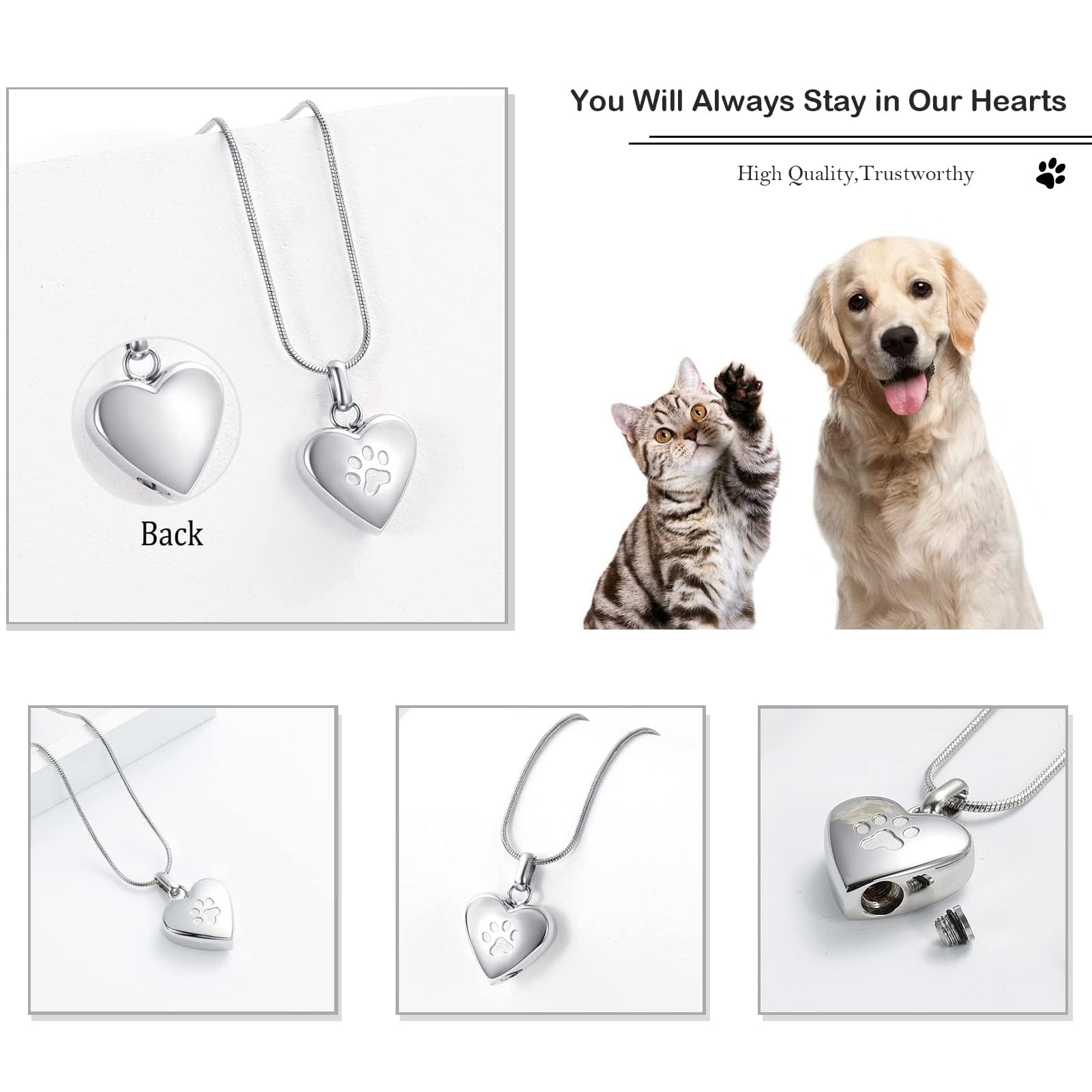 Pet Cremation Jewelry - Paw Print & Heart Urn Pendant Necklace Memorial Keepsake for Dog's & Cat's Ashes, Silver, 0.78*0.78 inch - Image 2