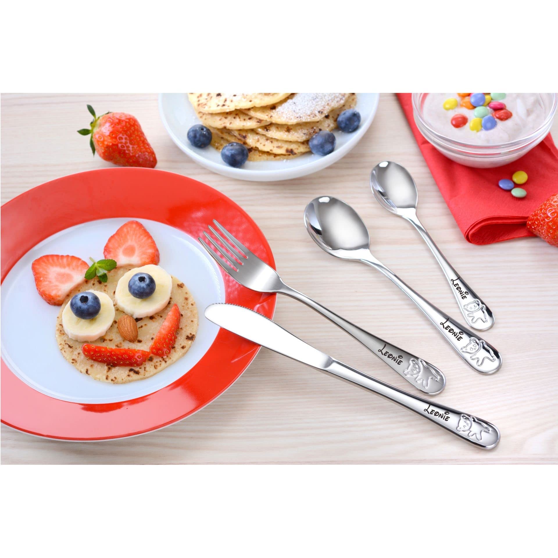 Posate per bambini con incisione del nome/motivo "ORSETTO" orsacchiotto TEDDY / 4 pezzi (tutti e 4 incisi col nome) / acciaio inox/incisione in un font attraente