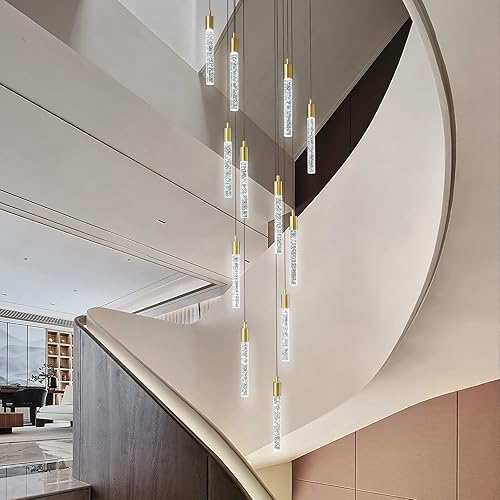 ZHLLMQ Moderna lámpara LED dorada de 12 luces lámpara colgante de techo alto lámparas de cristal regulables iluminación colgante de vestíbulo