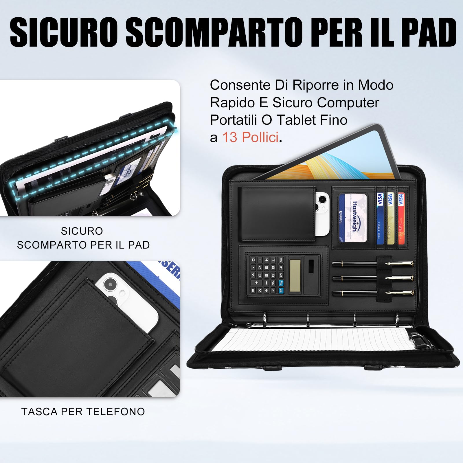 Leathario Cartella Portadocumenti A4 Pelle Vegana con Maniglia e Portablocco Raccoglitore ad Anelli