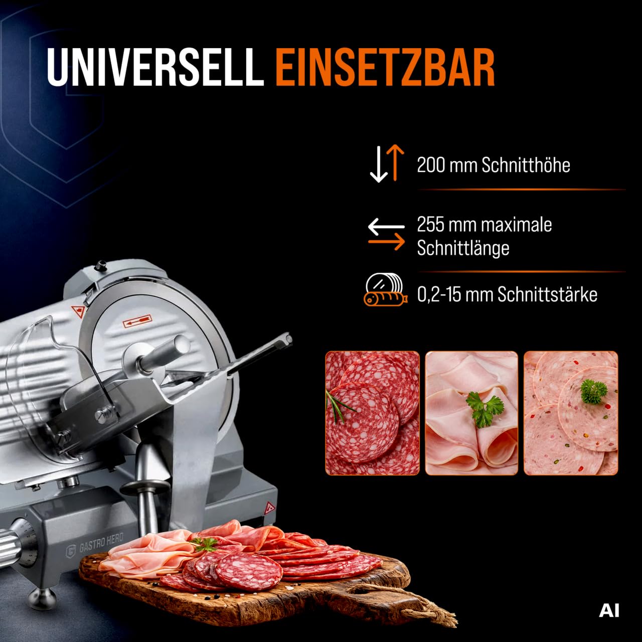 GastroHero Aufschnittmaschine 300 mm, einstellbar, Aluminium ASM300