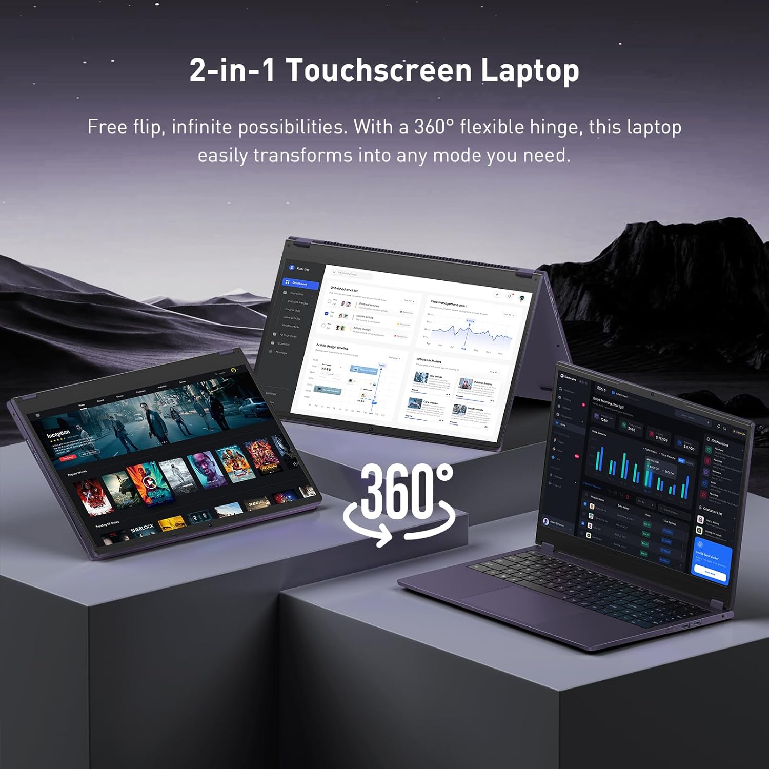 15.6" 2-in-1 Touchscreen Laptop, 360° Flip Convertible, 16GB RAM 512GB SSD Core m3 8100Y, IPS Full HD Display, Wi-Fi 5 BT5.1 Win 11 Pro Lightweight Notebook Computer for Work & Study - Image 2