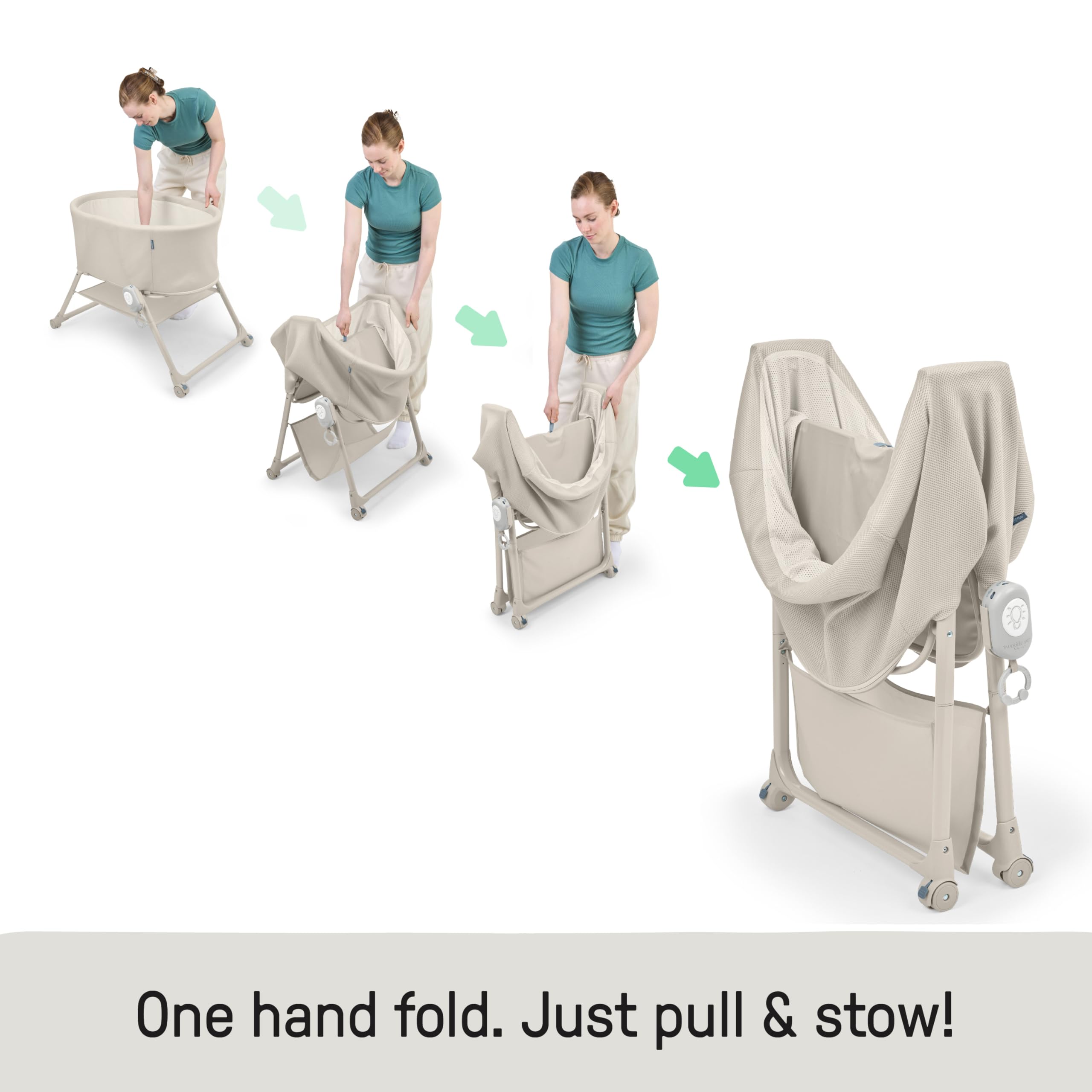 Ingenuity Snooze & Stow Easy-Folding Stubenwagen mit Sound, Licht und Vibration, tragbarer Baby-Stubenwagen mit Einhand-Klappmechanismus, Netzseiten, Ablagefach und Rädern