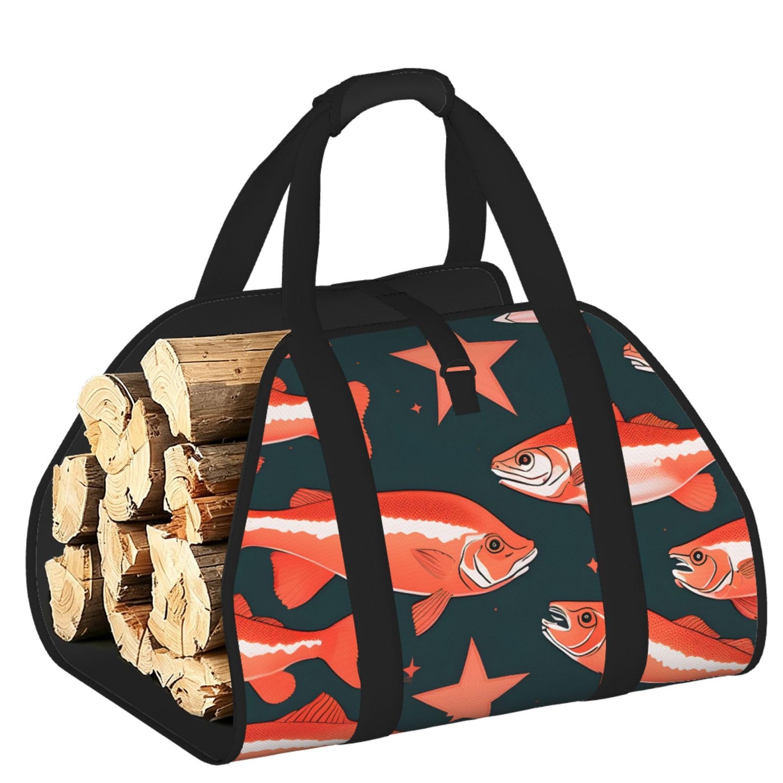 Salmon Printed Firewood Carrier Bag, Log Tote with Open-Ended Design for Camping Outdoor Wood Hauling