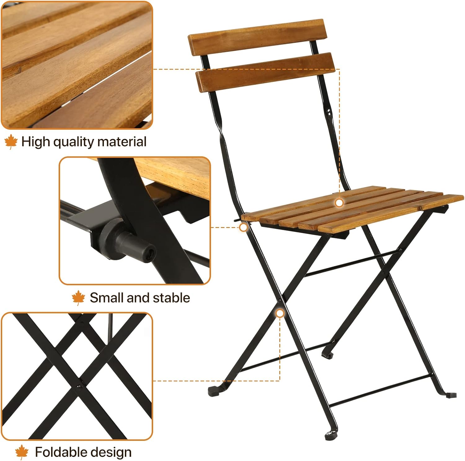 Dkelincs 3-Piece Patio Bistro Set Outdoor Furniture Sets Folding Bistro Table and Chairs Set of 2 Weather-Resistant Wood Small Table and Chairs for Front Porch, Garden, Pool, Deck, Backyard, Nature